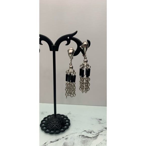 Vintage Park Lane Dangle Clip On Earrings Silver Tone Chain w/ Black Signed - Picture 2 of 5